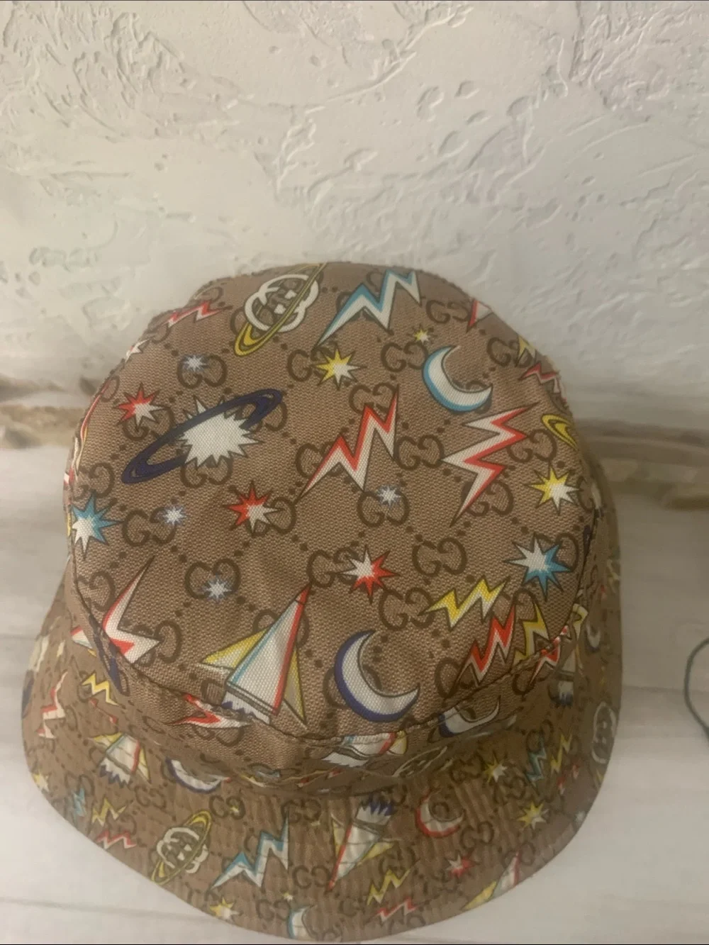 Gucci Brown Monogram Bucket Hat with Multicolor Space Motifs